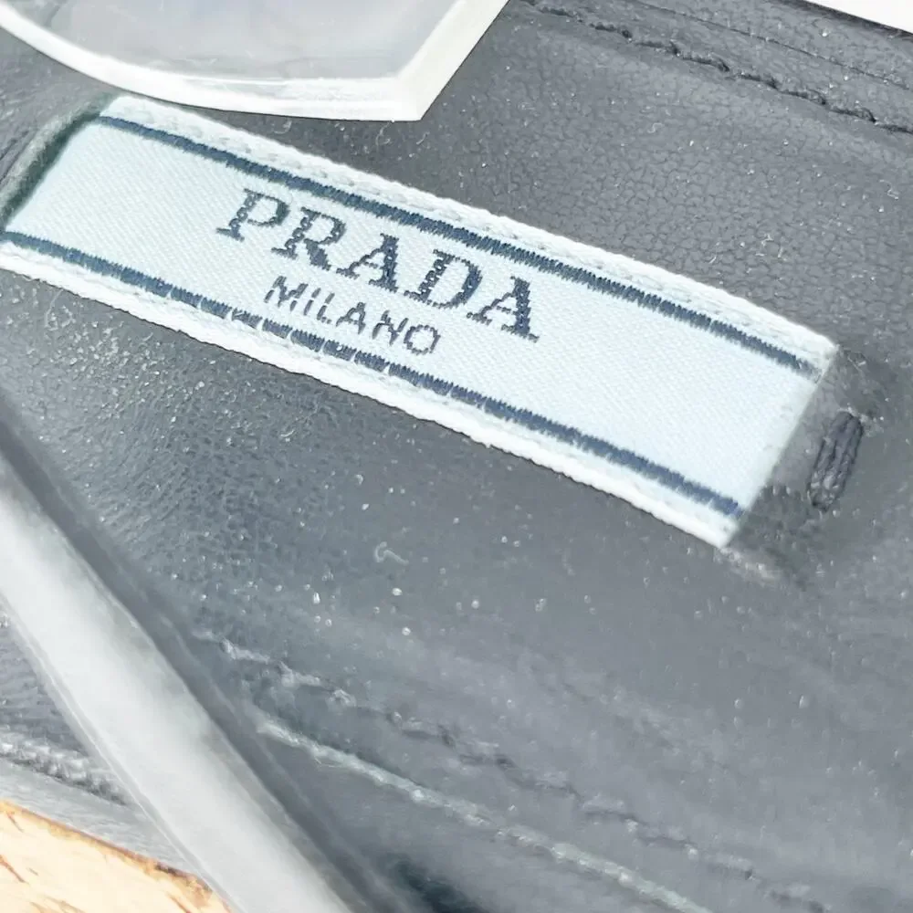 Prada Black Raffia Crochet Logo Cork Platform Lace Up Ankle Tie Sandals IT 41